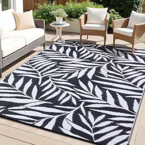 smiry Blätter Muster Outdoor Teppich Wetterfest 240x300 cm, Schwarz & Weiß