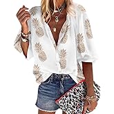 ZXZY Women Pineapple Printed Lapel Collar Half Sleeves Buttons Down Blouse Shirt
