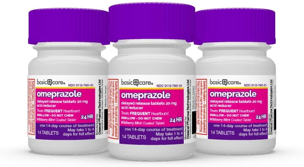  Basic Care Omeprazole Delayed Release Tablets 20 mg, Acid Reducer, Wildberry Mint Coated Tablet, 42 Count: Health & Personal Care