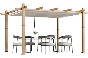 GUSTOWAVE 10x13 Ft Outdoor Retractable Pergola Aluminium Pergola Canopy with Adjustable Roof, Upgraded Faux Wood Grain Modern Metal Patio Gazebo for Deck, Backyard Garden, Porch, Grape Trellis, Beige