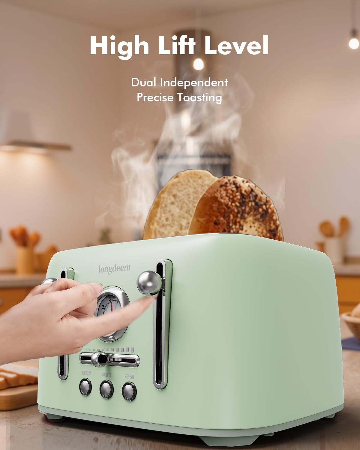 LONGDEEM Tostadora retro de 4 rebanadas con ranuras de 1.6" de ancho - 6 configuraciones de tostadas con función de bagel, cuerpo de acero inoxidable, botón de descongelación/cancelación y bandeja para migas, verde vintage