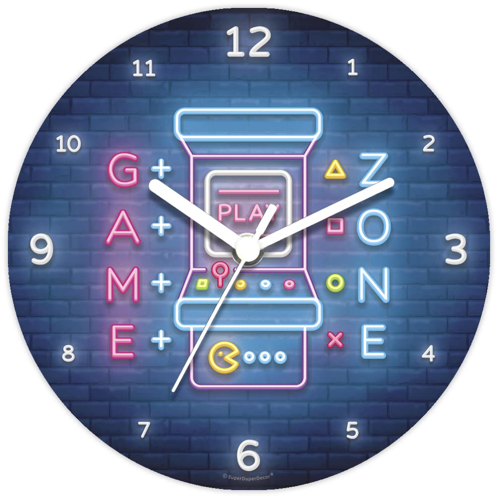 SuperDuperDecor VIDEO GAME CLOCK - Neon Style - Glow in the Dark - Boys Bedroom, Kids room, Children's Wall Decor, Gift Clock for Boy or Girl - GAME ZONE