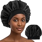 YBEATY Silk Bonnet Double Layer Satin Sleeping Hair Bonnet Satin Lined Bonnet Adjustable Elastic Band Silk Sleep Cap Soft Hair Wrap for Men Women Sleeping Curly Hair Braids Unisex Black