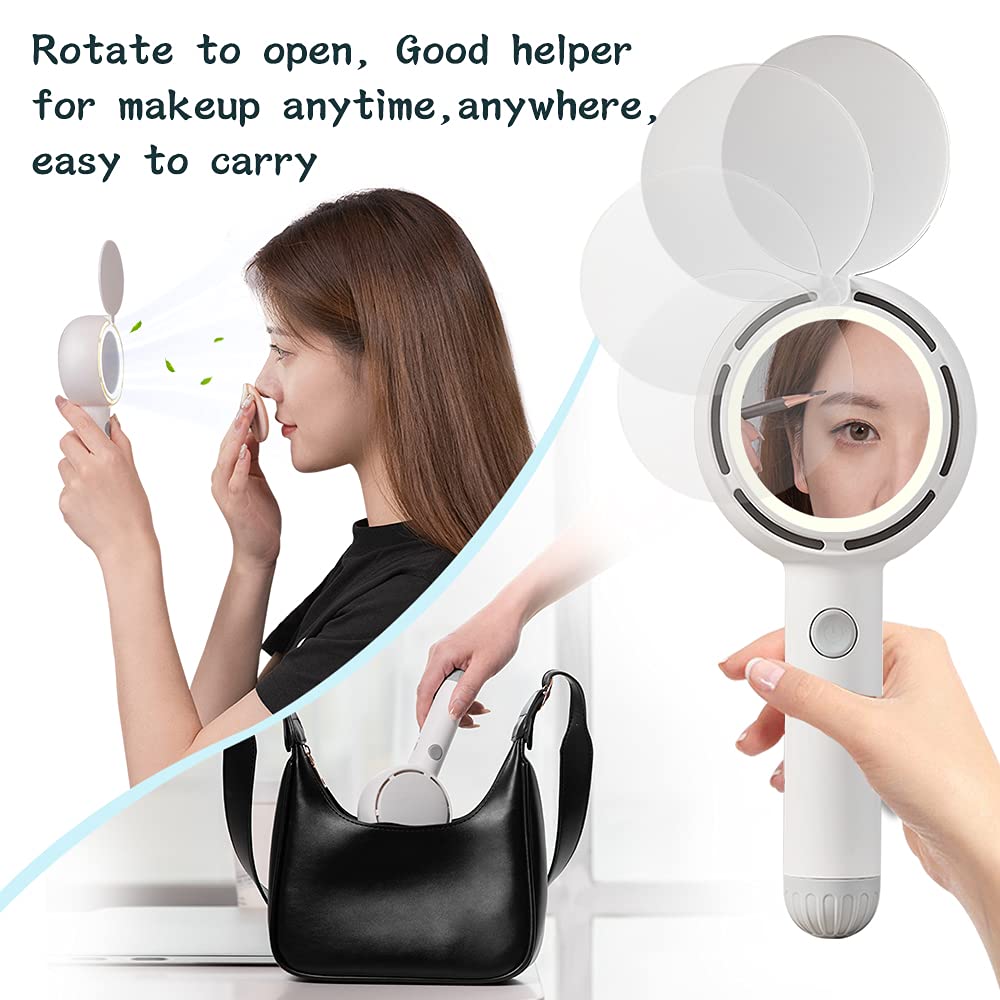 Star Compass Mini Handheld Fan, Battery Operated Rechargeable Portable With LED Light Makeup Mirror, Bladeless Small Personal 3 Speeds Eyelash for Women Girls Outdoor Travel (White)