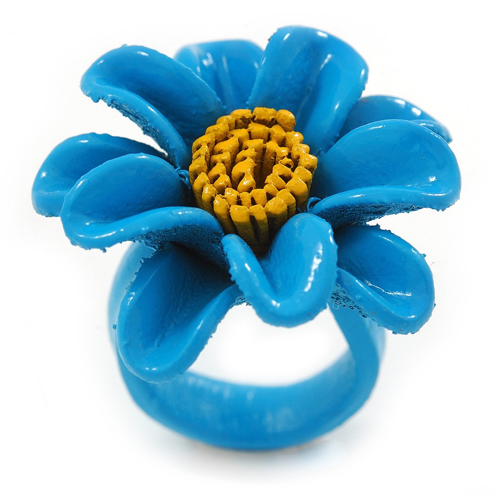 Avalaya Light Blue/Yellow Leather Daisy Flower Ring - 35mm D - Adjustable
