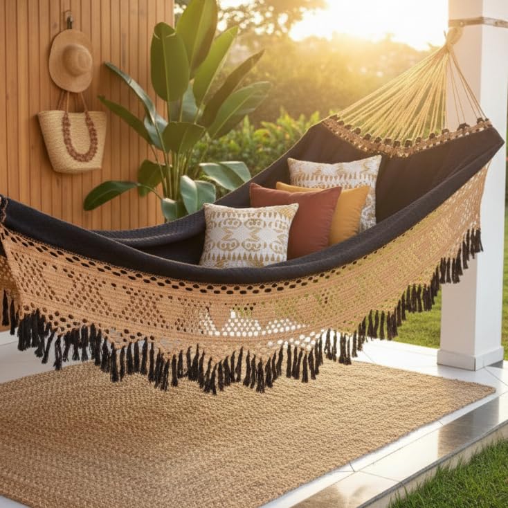 Rede de Dormir Casal Artesanal Luxo 4,5m em Algodão – Rede Descanso Reforçada para Quarto, Varanda, Jardim e Área de Lazer até 350kg(CARAMELO COM PRETO)