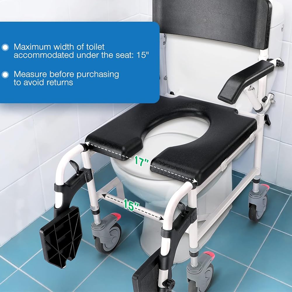 OasisSpace Shower Commode Wheelchair - 300LB Waterproof Shower Chair with Wheels, Rolling Shower Chair with Swing Away Footrests and Flip Back Arms for Elderly Adults Diasbled (FSA or HSA Eligible)