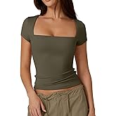 QINSEN Women's Square Neck Short Sleeve T Shirts Double Lined Basic Tee Slim Fit Tops
