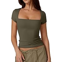 QINSEN Women's Daily Basic Top Short Sleeve Sweetheart Neck