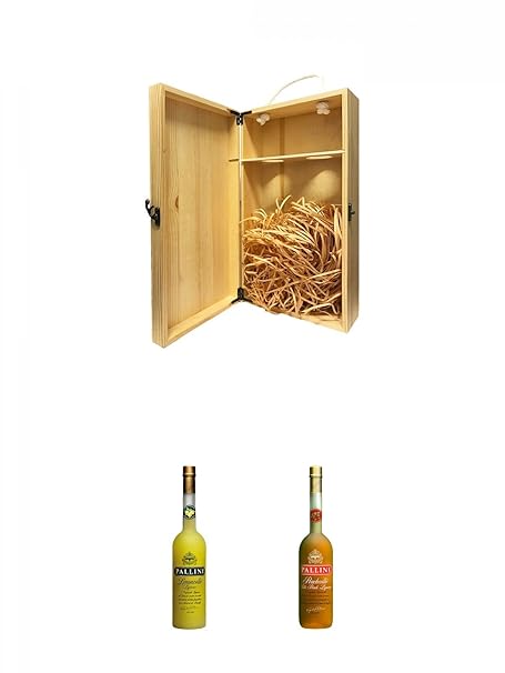 1a Whisky Holzbox für 2 Flaschen mit Hakenverschluss + Pallini Limoncello aus Italien 0,7 Liter + Pallini Peachello aus Itali