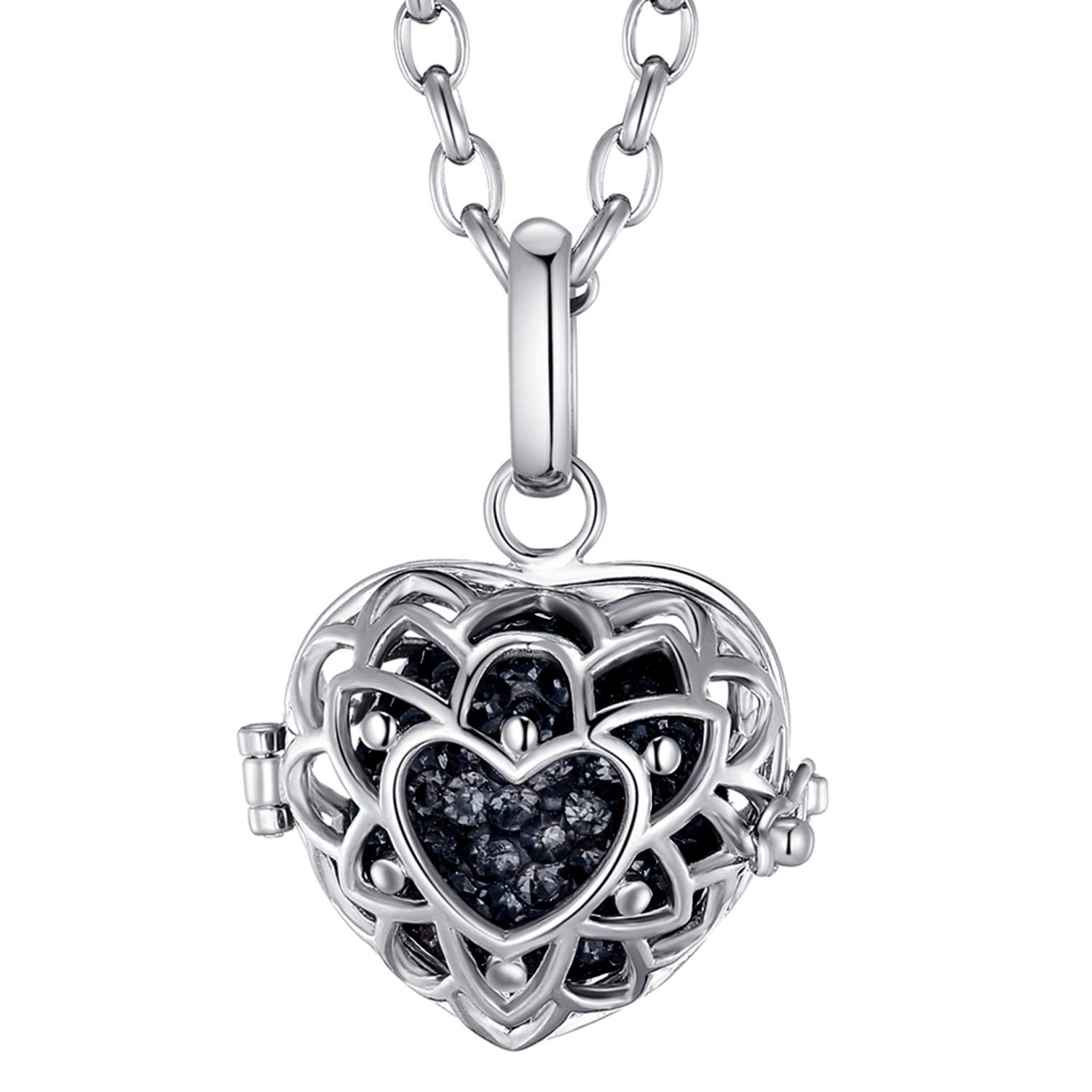 Morella Women Necklace Stainless Steel 70 cm 27,5" with Heart-Shaped Pendant with Sound Ball Zirkonia Black Ø 16 mm 0,63" in a Velvet Jewelry Bag