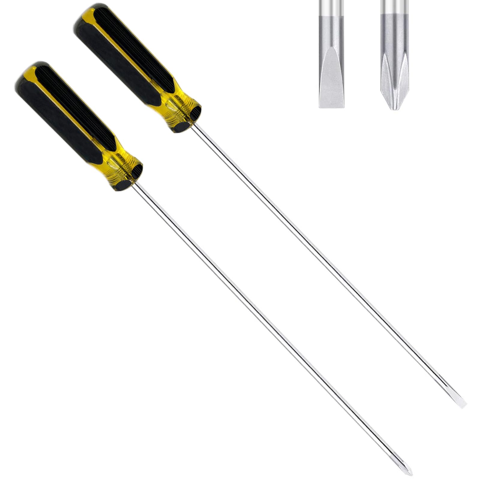 SCOOYEEES 2 Pcs Long Handed Screwdriver Set, 15" Magnetic Long Flat Head Screwdriver and Long Phillips Head Screwdriver Repair Kit for Men Father Boyfriend, Yellow