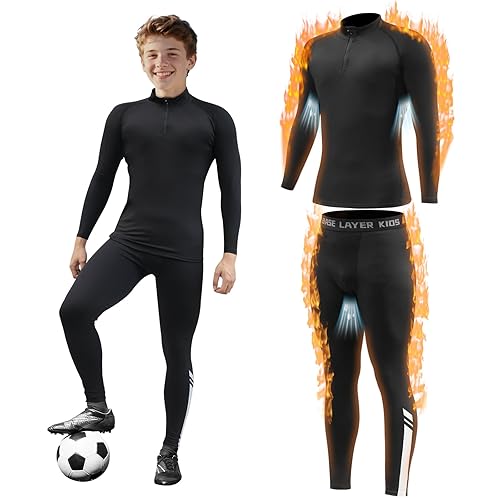 Giyim Kids Thermal Base Layer Set -Style Boys Football Skins & Tights Football Compression Set, Double - Layer Breathable for Sport, Football, Basketball & Ski (Black&S)