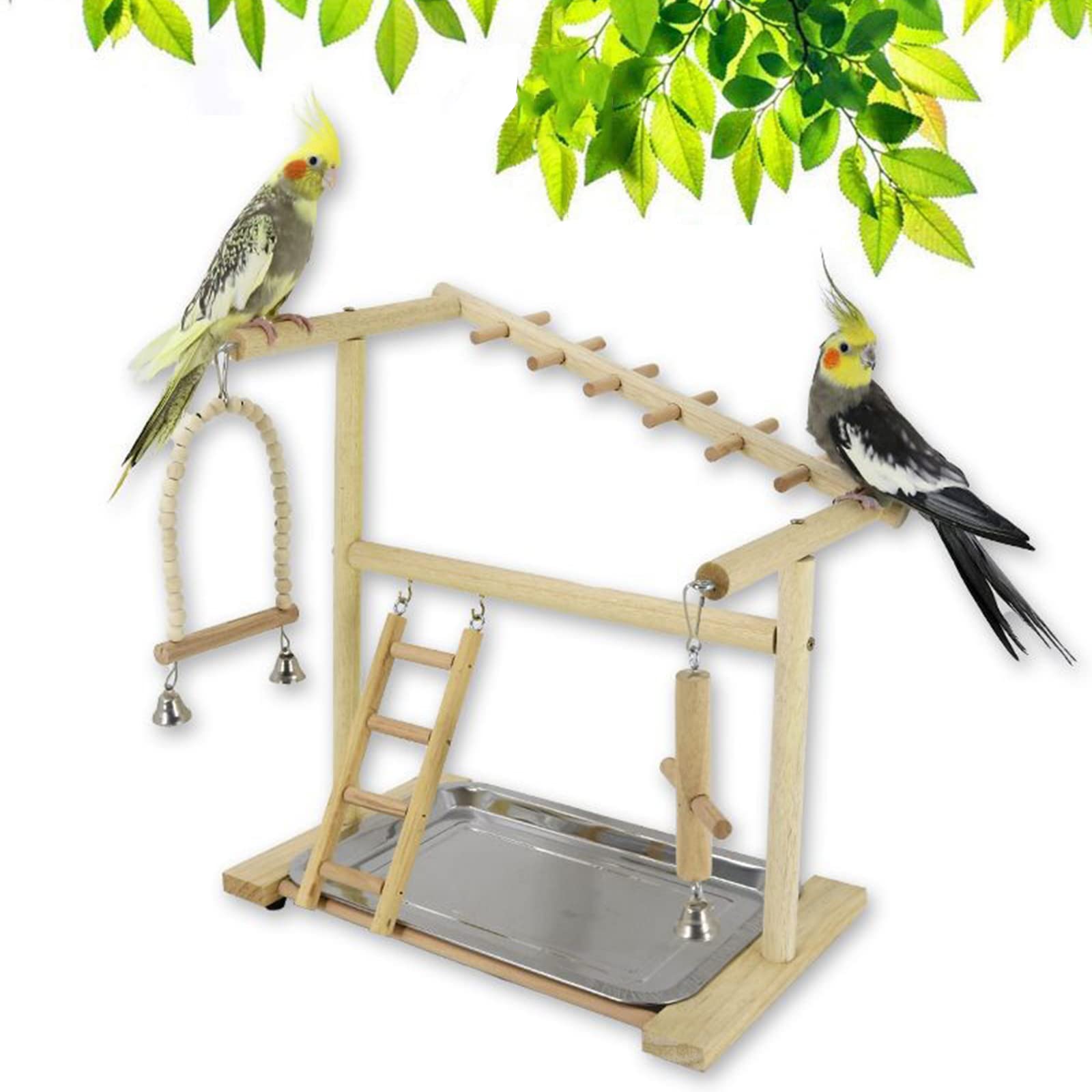 RoseFlower Parrots Bird Playground Wooden Play Stand Birdcage Playstand with 2 Feeder Cup Stainless Steel Tray Swing Perch Play Gym Playpen Ladder Bird Toys, Bird Table Stand for Parakeet Birds