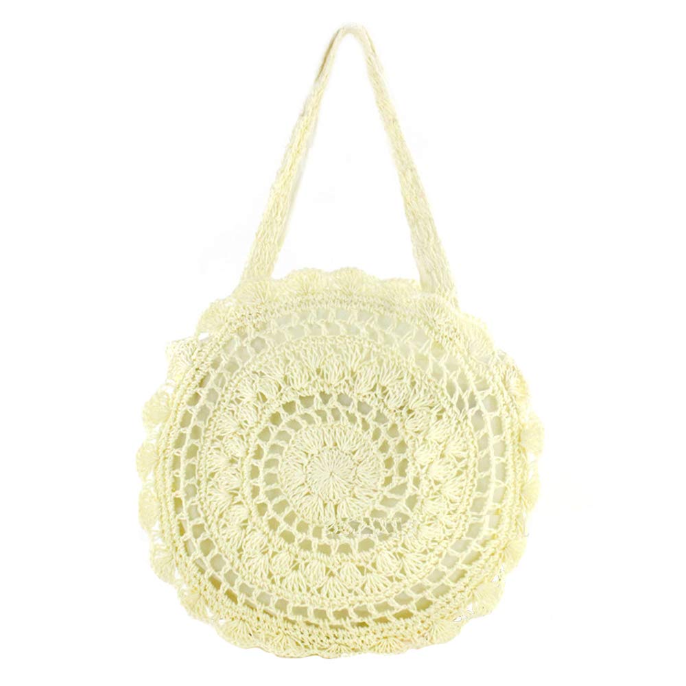 FiveloveTwo Womens Ladies Lightweight Handmade Handbag Large Crochet Shoulder Summer Bag Straw Beach Shopper Clutch Top Handle Tote Bags and Purse Milky White