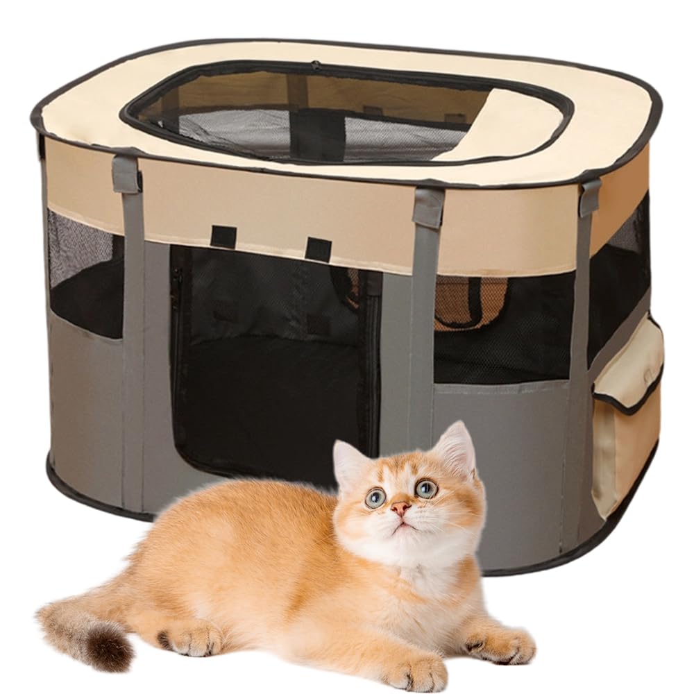 Foldable Pet Playpen, Cat Dog Playpen, Portable Dog Cage Exercise Kennel Tent, Breathable Puppy Playpen with Storage Bag, Travel Pet Puppy Cage Indoors/Outdoors, 70 x 55 x 40CM (gray)