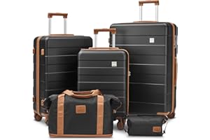 imiomo Hard Shell Luggage Sets 5 Piece for Women, Lightweight Hardside Rolling Suitcase Set with Spinner Wheels and TSA Lock, Black