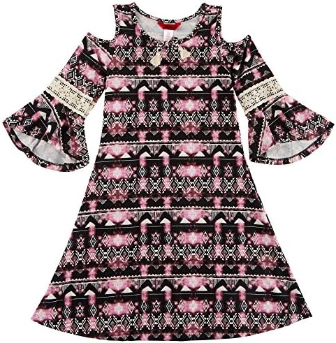 1ST KISS Little Girls Geometric Bell Sleeve Dress Large (14) Black/Pink