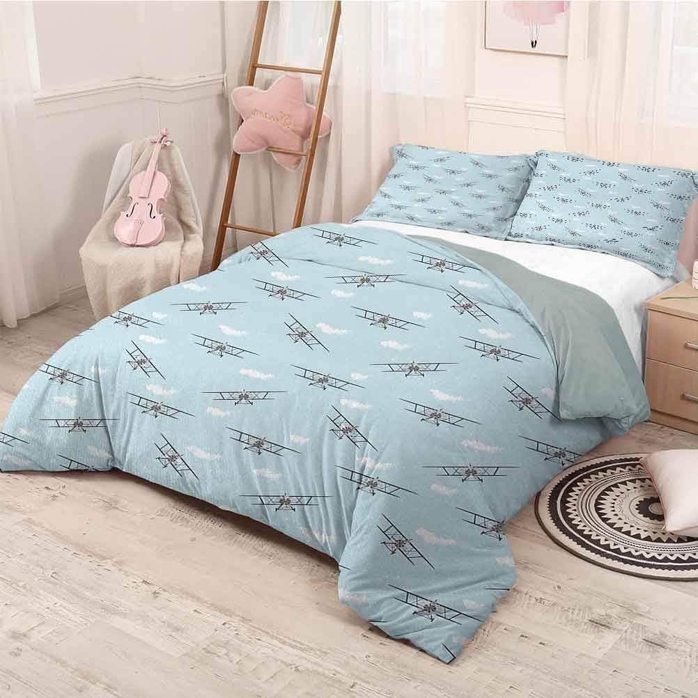 prunushome Airplane 3 Pieces for Quilt Cover Pillow Case Old Aircraft Biplanes in Blue Sky Speedy Propellers Wings Retro Design Funny Sleeping Fashion Pale Blue Black White King