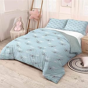 prunushome Airplane 3 Pieces for Quilt Cover Pillow Case Old Aircraft Biplanes in Blue Sky Speedy Propellers Wings Retro Design Funny Sleeping Fashion Pale Blue Black White King