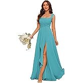 KHACHVA Women's Square Neck Bridesmaid Dresses with Slit Chiffon Aline Formal Evening Dresses with Pocket KH023
