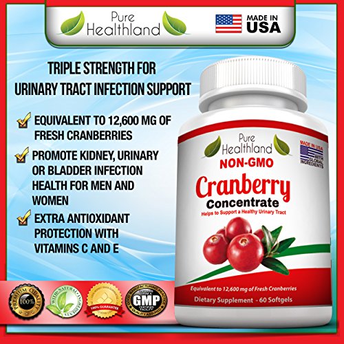 Non GMO Cranberry Concentrate Supplement Pills for Urinary Tract Infection UTI. Equals 12600mg Cranberries. Triple Strength Kidney Bladder Health for Men & Women. Easy to Swallow Softgels, 6 Bottles