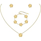 Gold Necklaces Bracelets Earring Set - 18K Gold Plated Flower Bracelet Chain,Stainless Steel Non Tarnish Floral Pendant Stud Jewelry Sets,Christmas Birthday Lucky Gift for Mom Wife Daughter Girlfriend