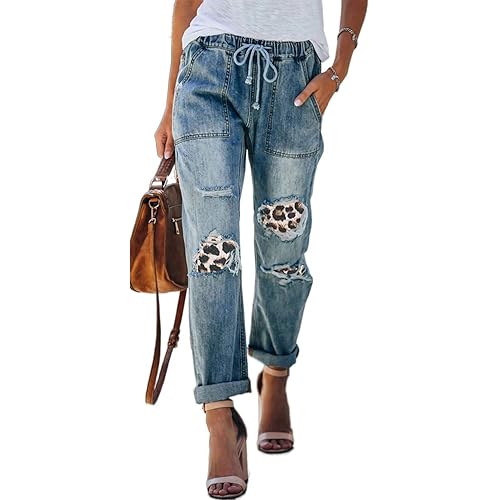Sidefeel Women Pull-on Distressed Denim Joggers Elastic Waist Stretch Pants