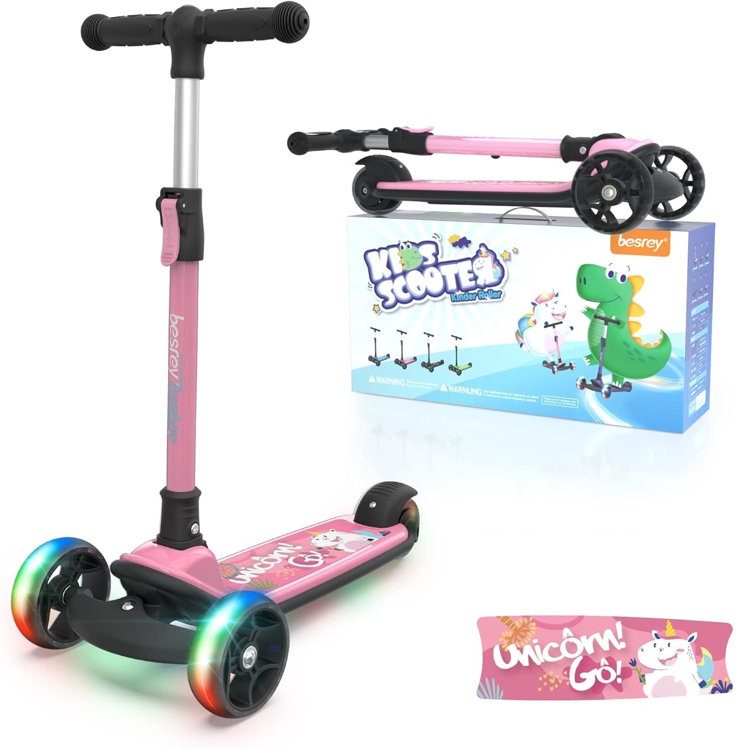 besrey Kids Scooter - Big Wheels Foldable Kick Scooter with Flashing LED Lights for Boys Girls, 4 Levels Height Adjustable, 3 Wheel Scooter for Kids Ages 3-10 with Safe Lean to Steer Design, Unicorn