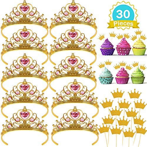 Casibecks Princess Tiaras for Girls Kids Princess Crown with Tiara Cupcake Toppers Girls Dress Up Birthday Party Accessories Princess Party Supplies 30pcs