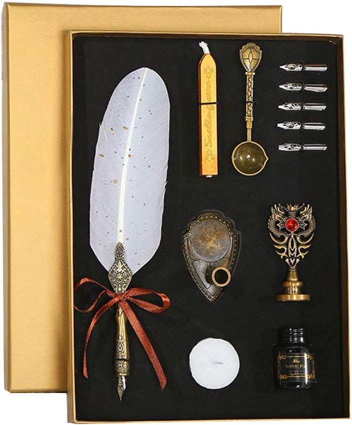 Calligraphy Quill Pen Set, Natural Handcrafted Luxury Quill Pen + Ink + 6 Stainless Steel Nib + Fire Paint Wax + Fire Paint Spoon + Stand, Great for Beginner/Enthusiast (White, 1)