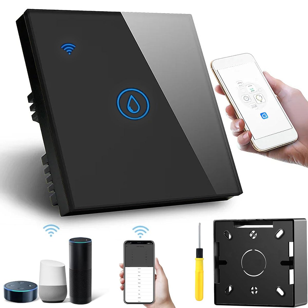 Acmerota Smart Timer for Immersion Water Heater, Black, 20A 4000W, Compatible with Google Home for Alexa, for Tuya Smart Life App with 45mm Deep Box