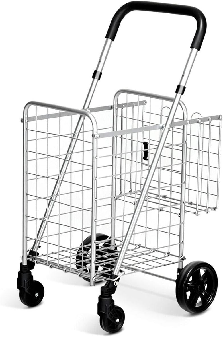 folding serving cart on wheels on Amazon Com Goplus Folding Shopping Utility Cart Double Basket And 360 Swivel Wheels Adjustable Handle Small Cart Perfect For Grocery Laundry Book Luggage Travel Kitchen Dining