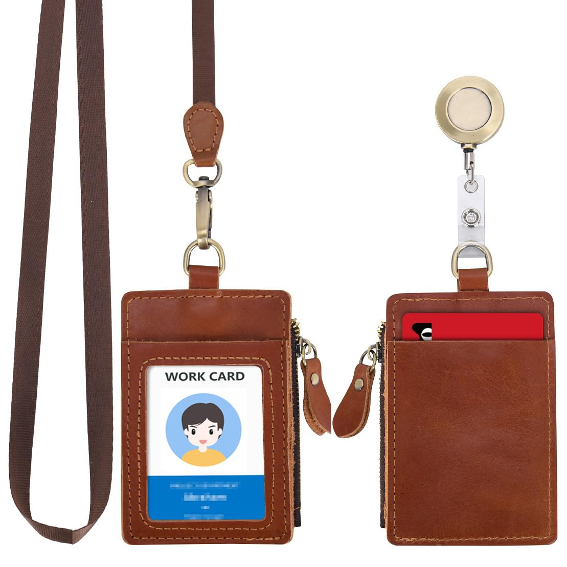 Wonderpool Leather ID Badge Holder with Zipper Wallet Pouch - Card Slots Case Detachable Neck Lanyard and Retractable Badge Reel for Office School Hospital Exhibition ID (Red Brown)