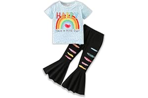 Azmxynol Toddler Kid Girls Clothes - Letter Rainbow Print Top Distressed Flared Pants 2PC Spring Summer Pant Set
