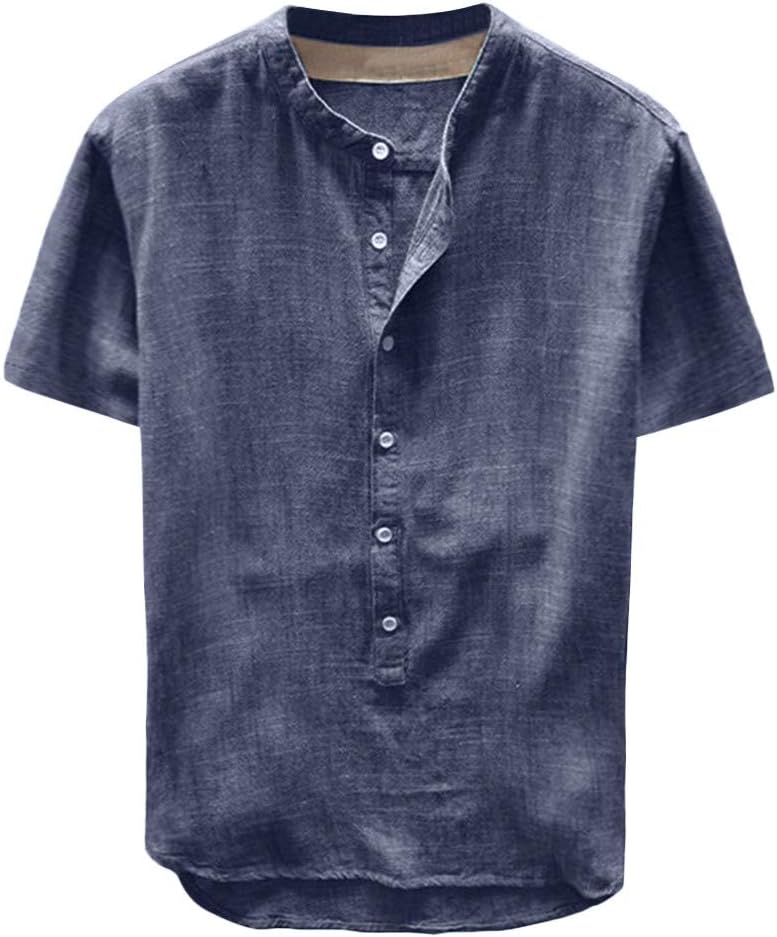 IZHH Men's Top Summer Short Sleeve Button Linen Cotton Muscle Shirt Top Blouse Casual Sport Fitness T-Shirt
