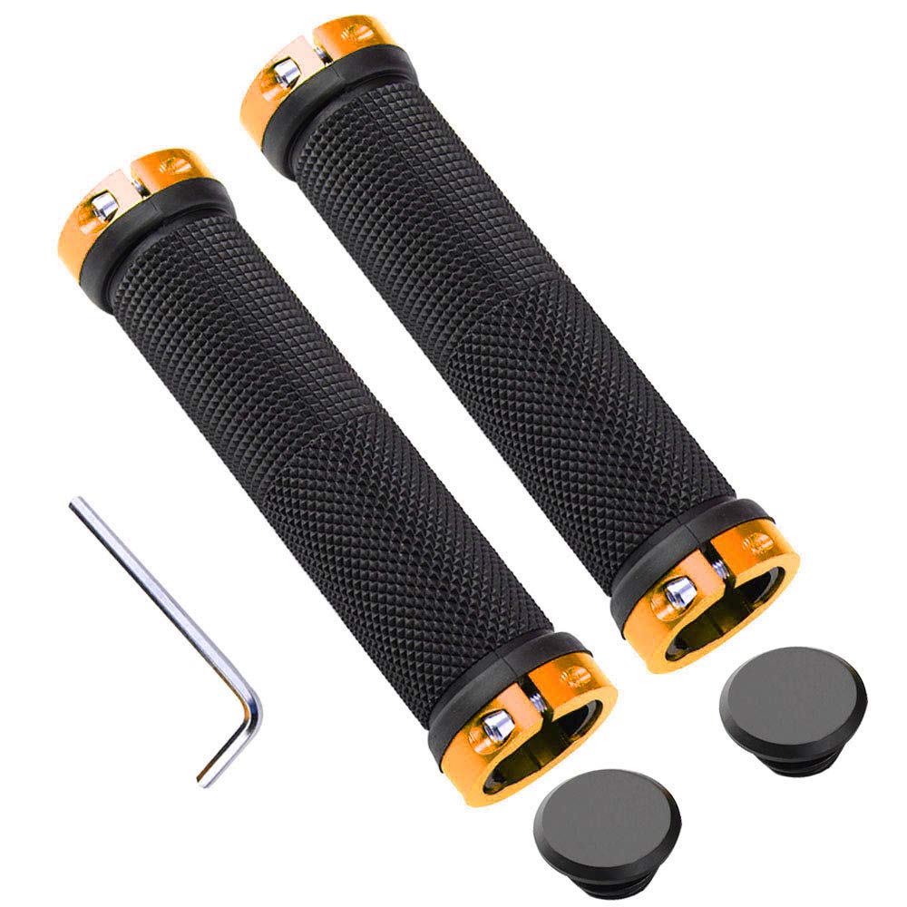 QitinDasen 1 Pair Bike Handlebar Grips, Non-Slip Rubber Bicycle Handle Grips with Aluminum Double Lock, Bike Handle Protector for MTB BMX (Golden)