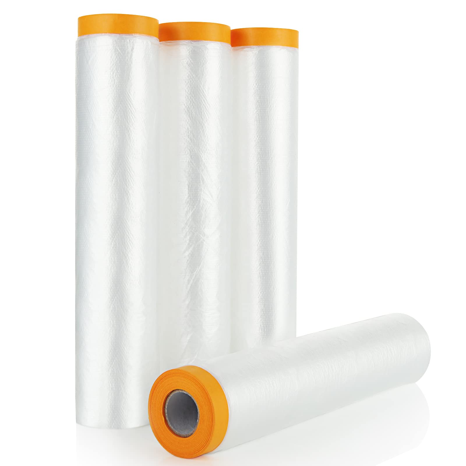 SENENQU 4 Rolls Plastic Dust sheets for Decorating, 2.4m x 20m Waterproof Masking Film Rolls, Pre-Taped Plastic Drop Film for Painting Furniture Covering