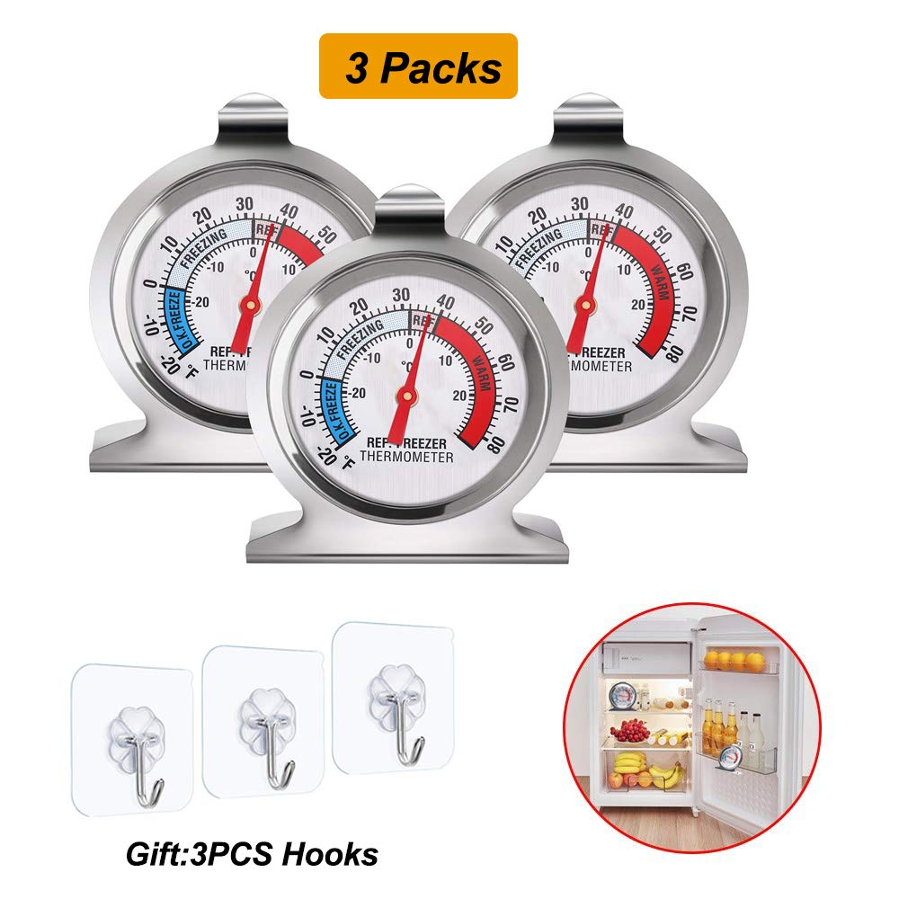 Lifreer Fridge Thermometers 3PCS Stainless Steel Refrigerator Freezer Thermometers Temperature Thermometer for Home, Restaurants, Cafes Refrigerator Freezer, 3PCS Transparent Hooks