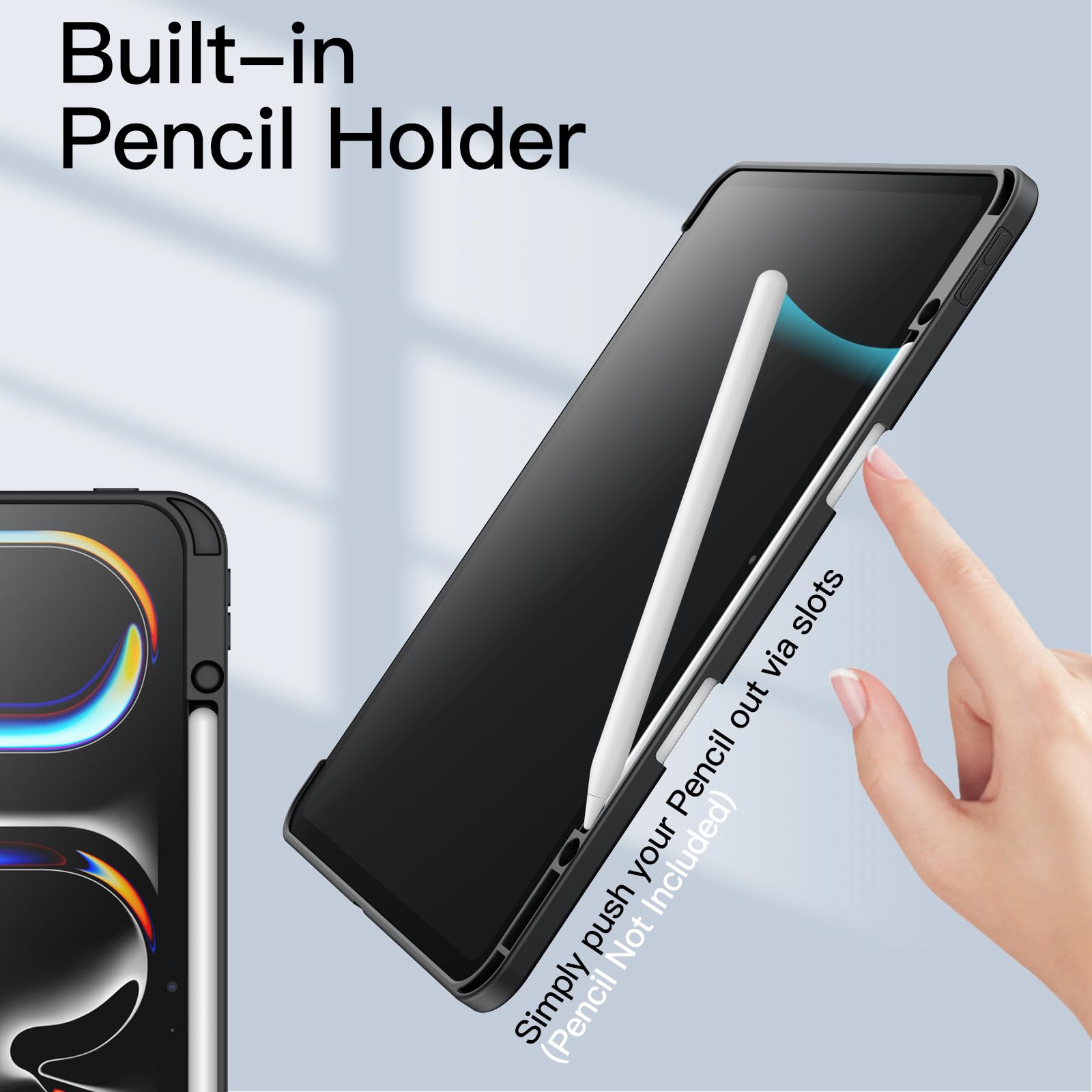 JETech Case for iPad Pro 13-Inch M5/M4 (2025/2024) with Pencil Holder, Clear Transparent Back Shell Slim Stand Shockproof Tablet Cover, Auto Wake/Sleep (Black)