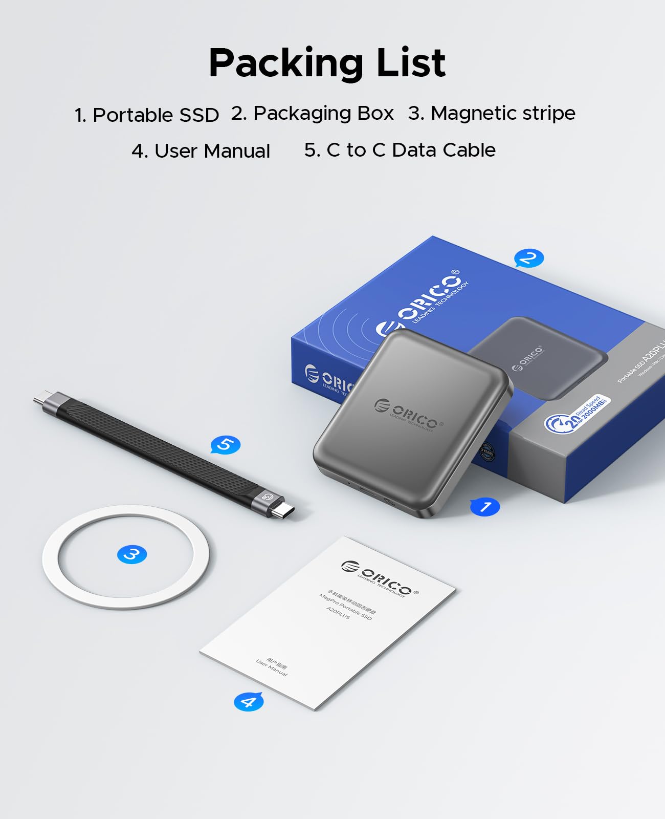 ORICO 1TB Magnetic External SSD, 4K ProRes HDR Record and Store, 2000MB/s Stable Transmission and Storage, Portable Solid State Drive, Compatible with Smartphone, Tablet, Computer - A20PLUS