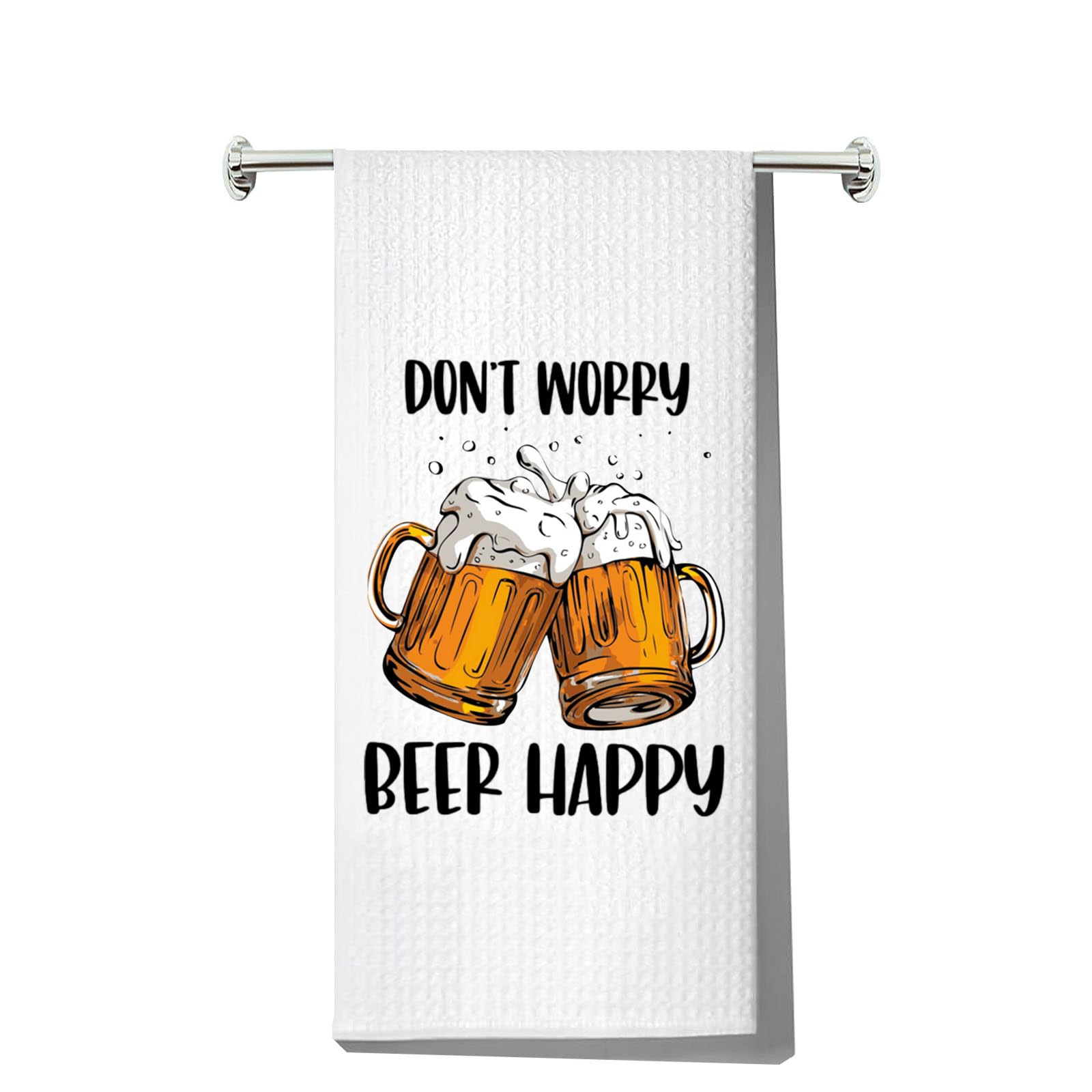LEVLO Funny Cheers Beer Kitchen Towel BBQ and Beer Lover Gift Don't Worry Beer Happy Oktoberfest Tea Towel Housewarming Gift (Beer Happy Towel)