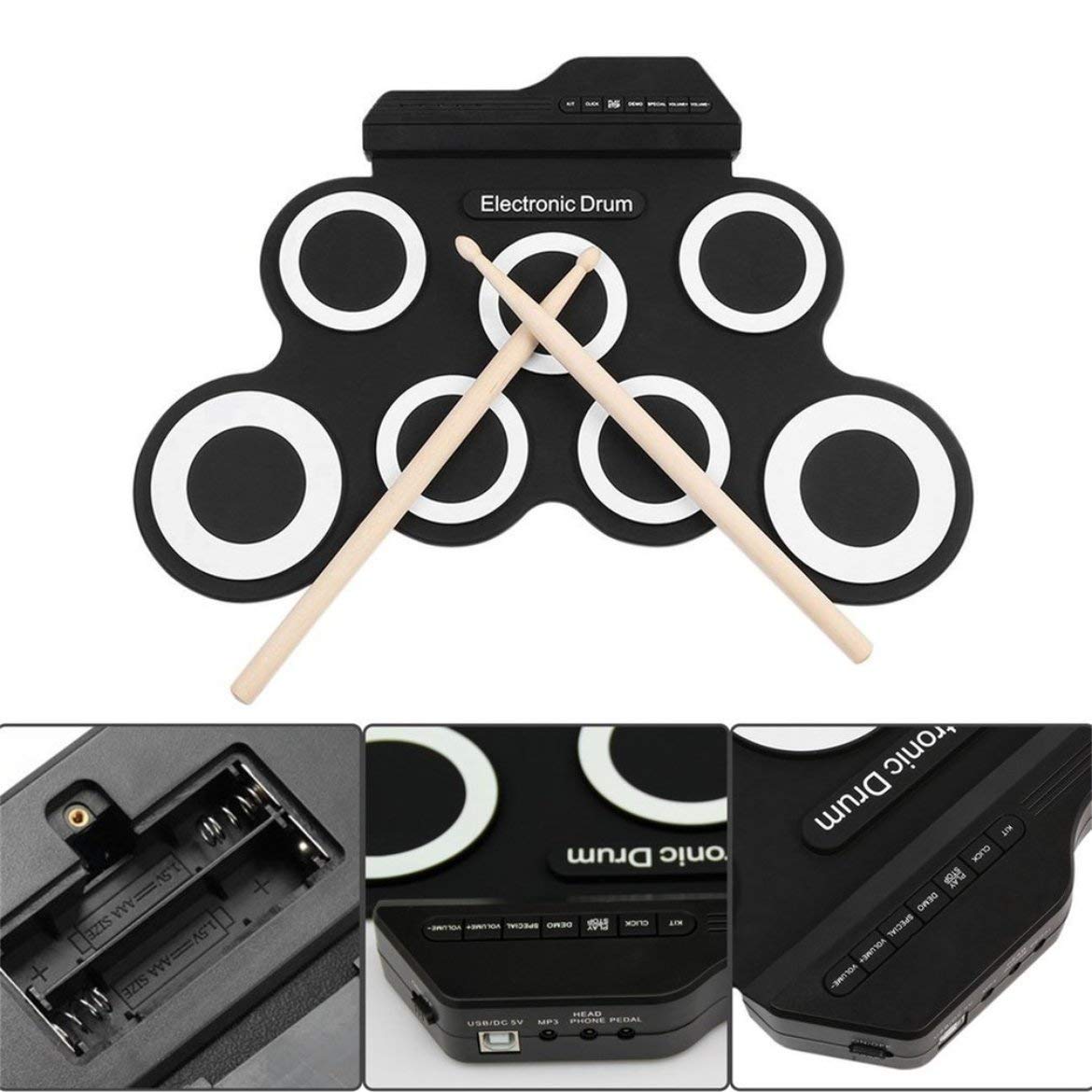 Kit de Batterie Électronique, Uverbon Portable Batterie Musique with 9 Drum Pads Percussions Instruments Haut-Parleur Stéréo Intégré avec Pédale de 2 Pieds pour Enfants et Débutants