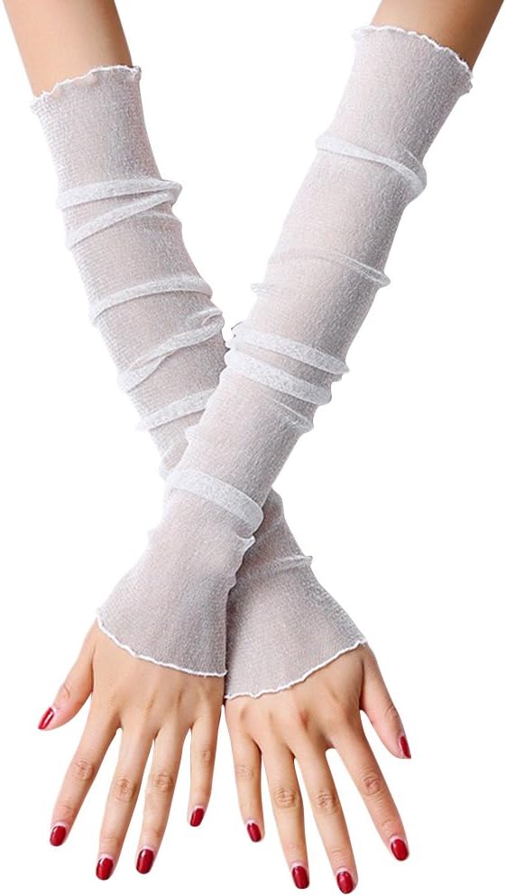 EachWell Women Girls UV Protection Long Lace Solid Fingerless Gloves Sunblock Arm Sleeves White
