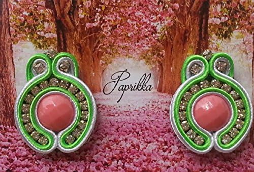 Handmade Soutache Women Earrings Green-pink