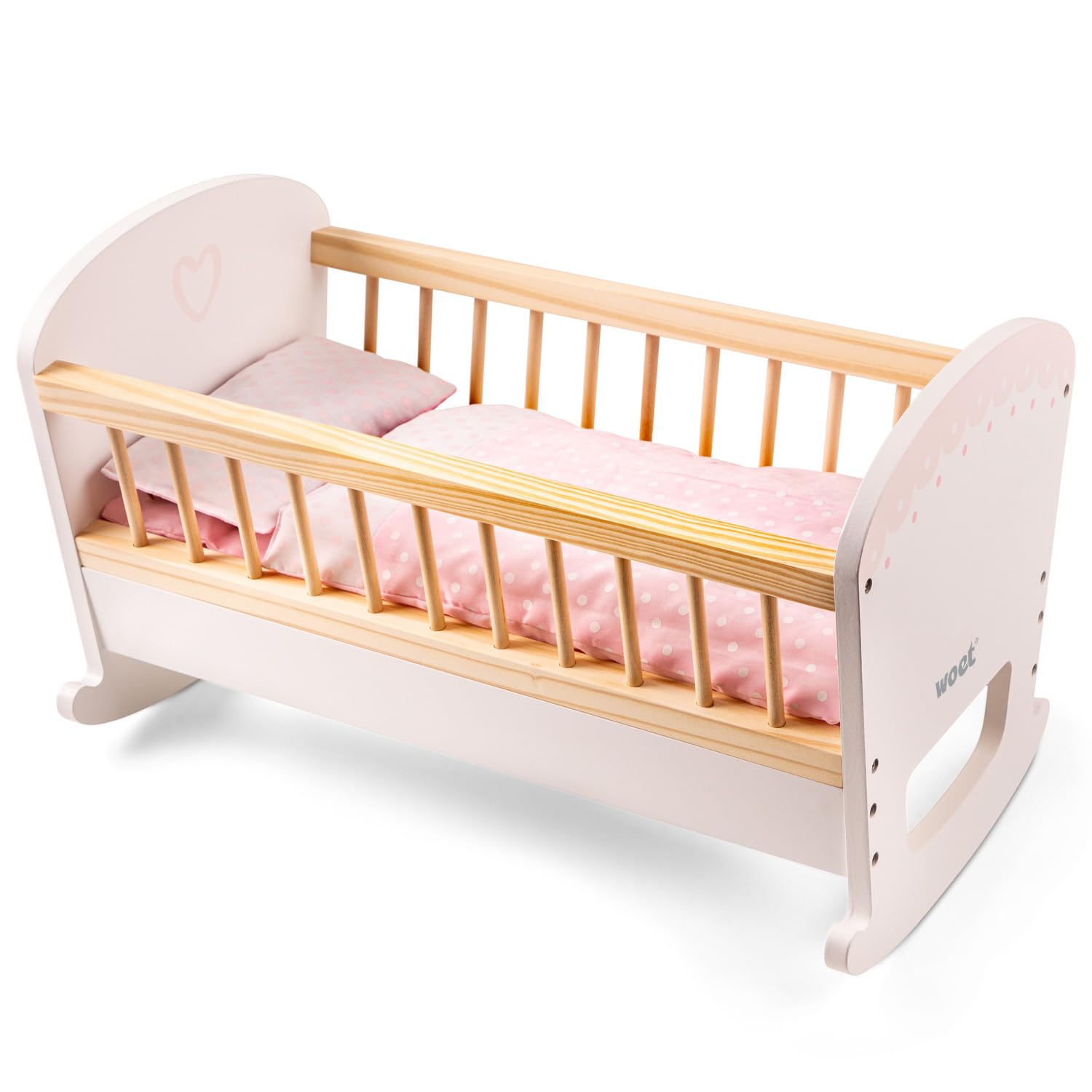 Woet® Wooden Toy Doll Bed for Kids - With Blanket and Pillow - Fits Dolls up to 43 cm - Pretend Play Toy - Age 3 Years+