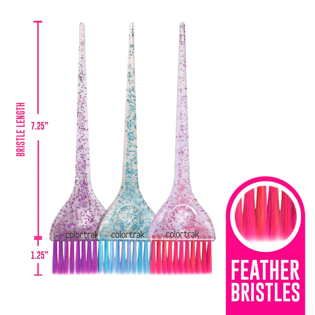 Colortrak 3 Pack Hair Color Brush Set with Glitter Handles for Highlighting, Tint and Coloring Hair Sections - Soft Feathered Bristles Application 3.5 x 11 inch