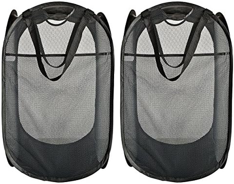 Faustine Foldable Pop-Up Mesh Hamper, Laundry Hamper with Reinforced Carry Handles and Side Pocket, Pack of 2 (Black)