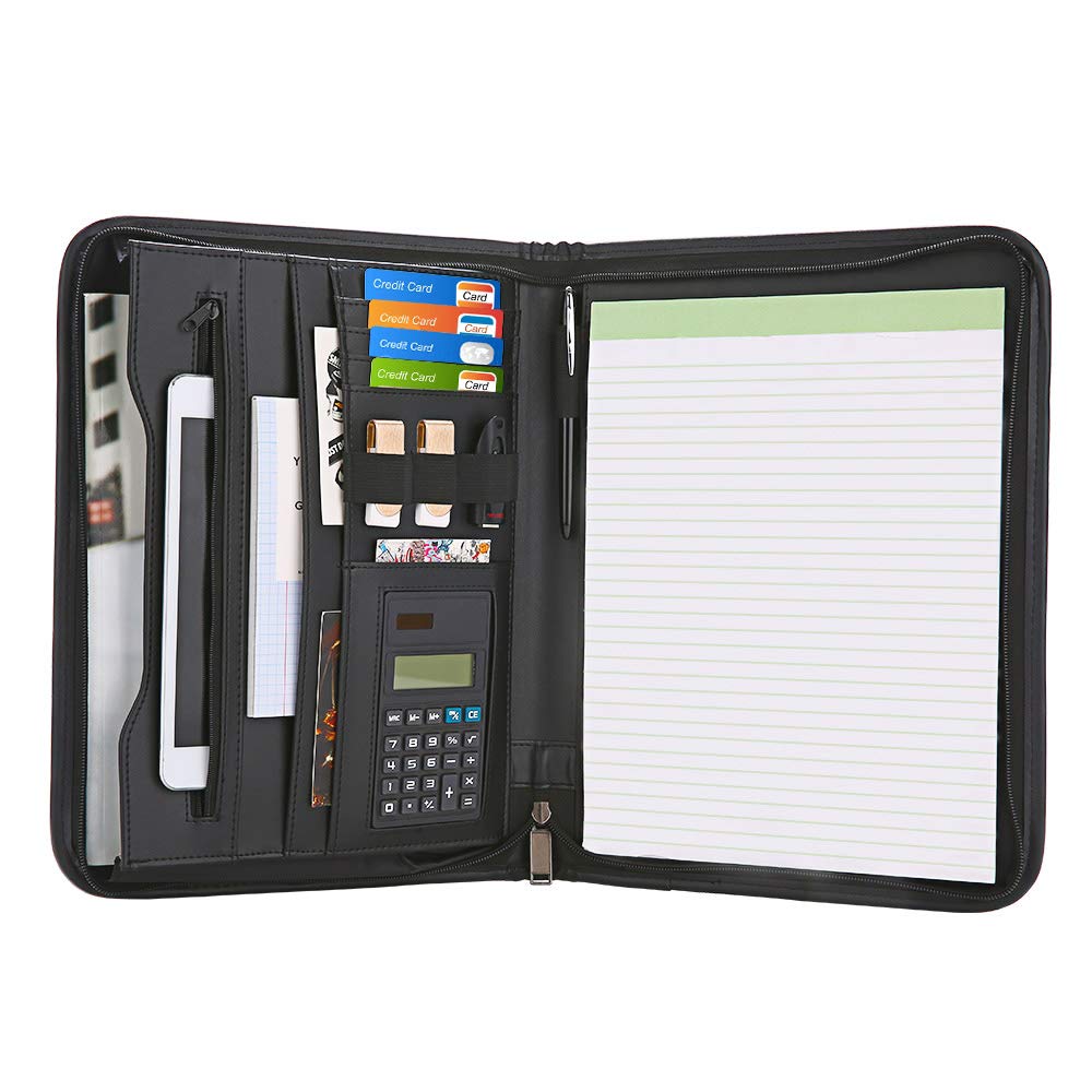 Garcent Zippered Padfolio with Calculator, Black PU Leather Portfolio Organizer, Professional Interview Resume Business for Men Women, Interior 10.1 Inch Table Sleeve