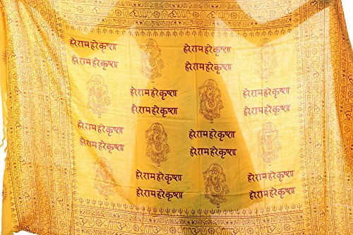 Exotic India Hare Rama Hare Krishna Prayer Shawl with Printed Ganeshas - Yellow
